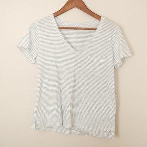 White and Blue Striped Madewell V Neck Tee